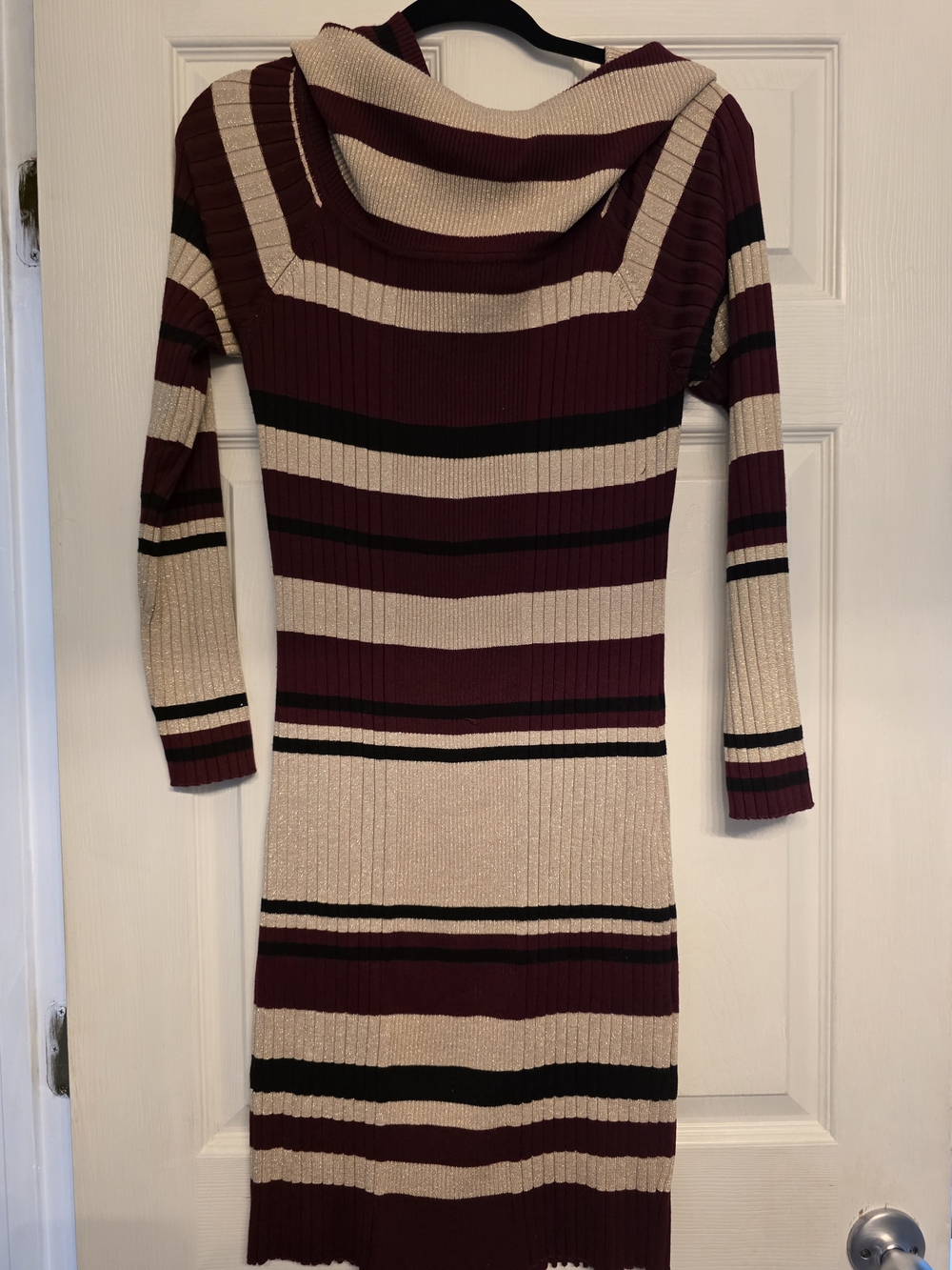 No Boundaries Maroon, Cream & Black Striped Rib-Knit Hooded Bodycon Dress